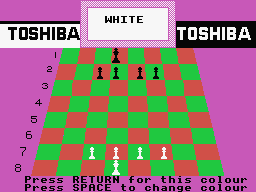 Checkmate! First Moves in Chess (MSX) screenshot: Set 1: For King and Country - White starts? With the SPACEBAR you can toggle between the colours.