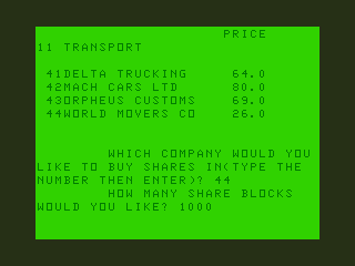 Stockmarket (Dragon 32/64) screenshot: Buying Shares
