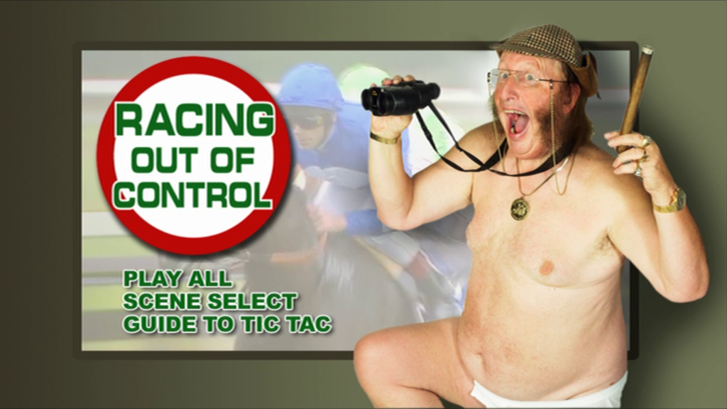 John McCririck: Racing - Out Of Control (included game) (DVD Player) screenshot: The title screen and menu adorned by the ever shy and retiring John McCririck. The game is part of the 'Guide To Tic Tac'