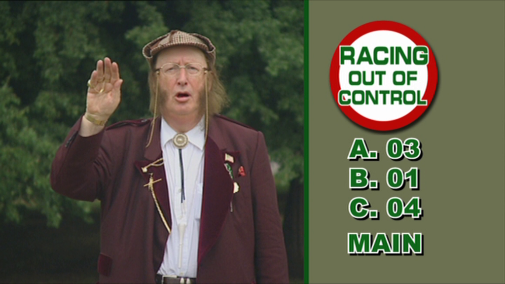 John McCririck: Racing - Out Of Control (included game) (DVD Player) screenshot: There are ten questions. In the window John makes a gesture and the player selects the answer from the pick list on the right
