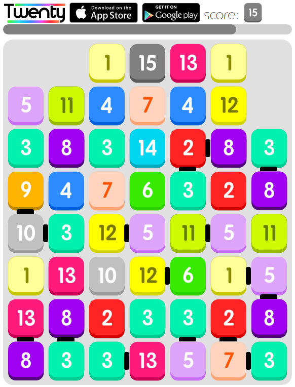 Twenty (Browser) screenshot: Hardly any moves possible!