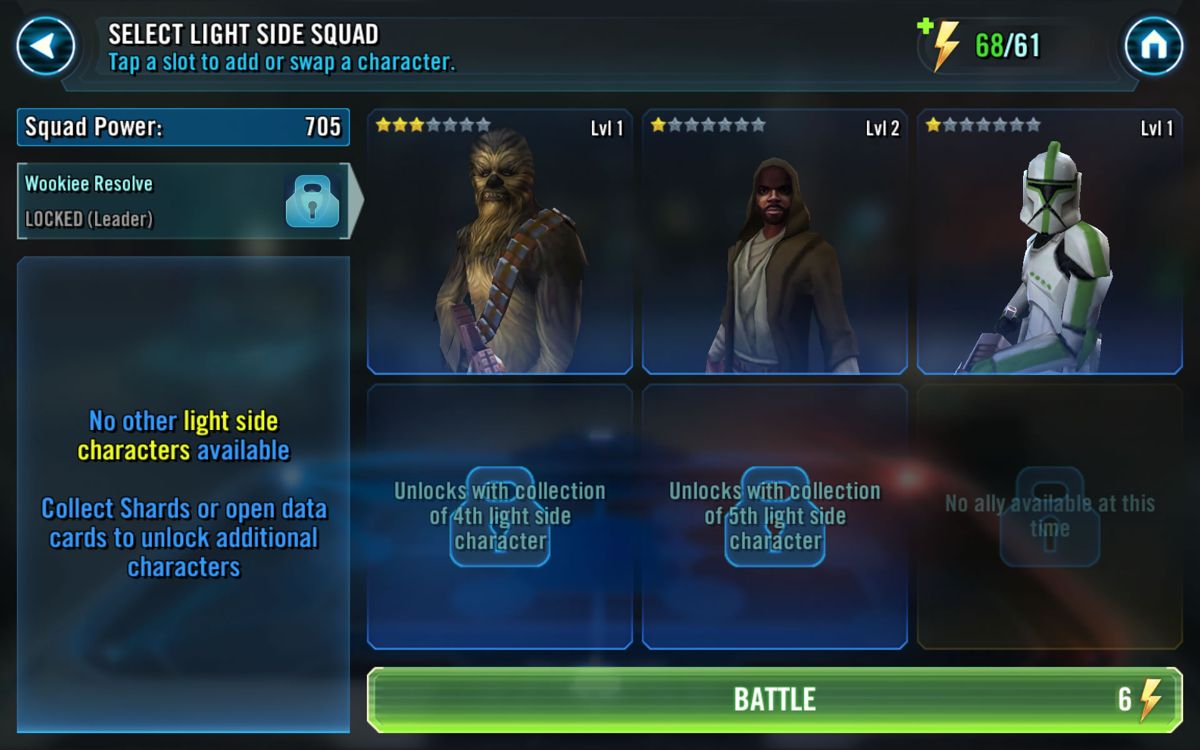 Star Wars: Galaxy of Heroes (Android) screenshot: Determine a squad before starting a fight.