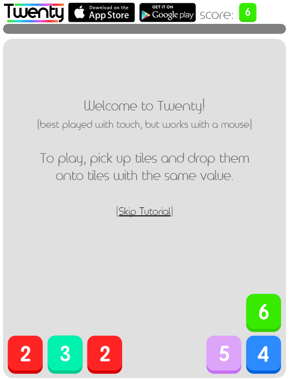 Twenty (Browser) screenshot: Start of the game