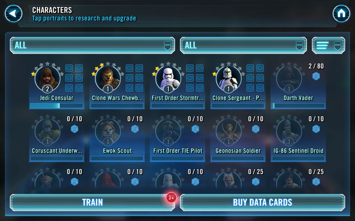 Star Wars: Galaxy of Heroes (Android) screenshot: Overview of my characters