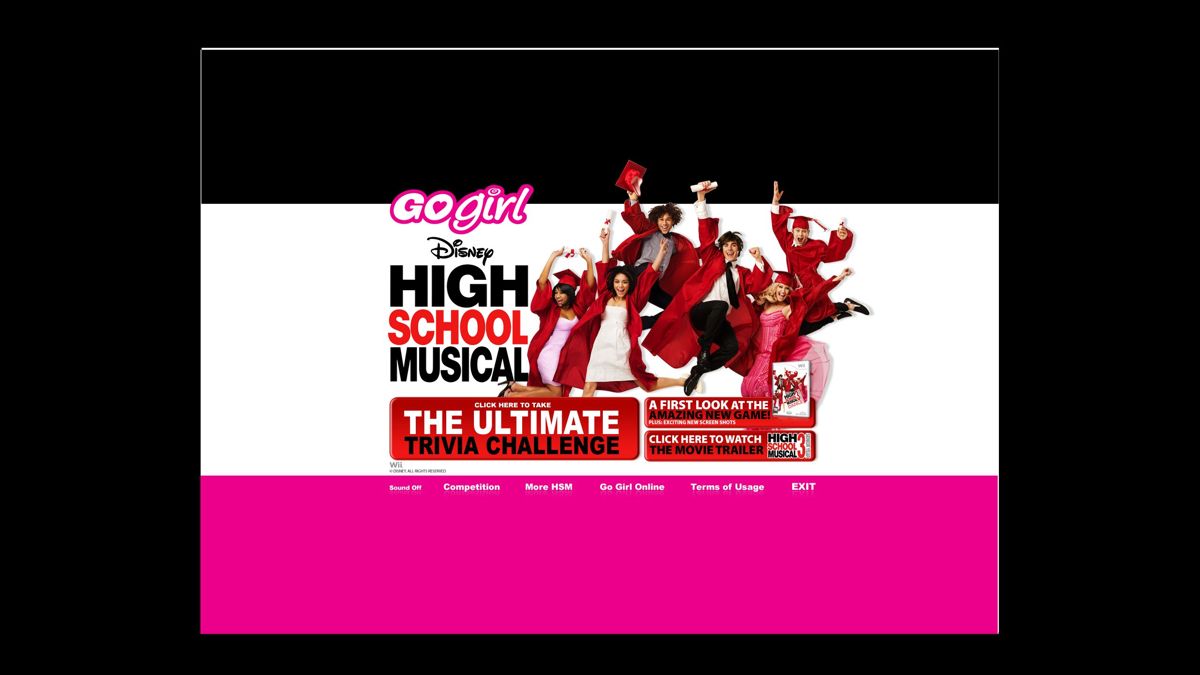 Go Girl: High School Musical 3 - Senior Year (Windows) screenshot: The title screen does not fill a modern screen and it fills the space with a thick black border