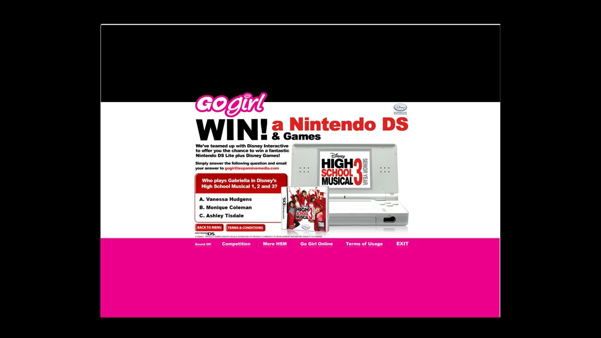 Go Girl: High School Musical 3 - Senior Year (Windows) screenshot: There is a competition to win a Nintendo DS and the High School Musical 3 game that plays on it