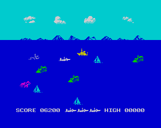 Aquaplane (ZX Spectrum) screenshot: Aftershark level - rocks, logs, sail-boats and tugs. Notice how the game uses the border to amplify the screen.