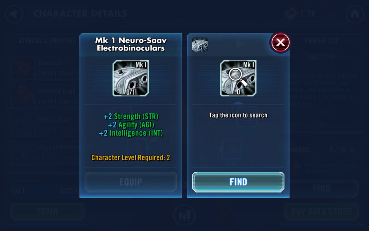 Star Wars: Galaxy of Heroes (Android) screenshot: You can look up specific types of gear.