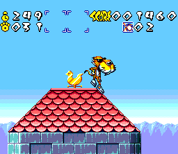 Chester Cheetah: Wild Wild Quest (SNES) screenshot: Cheetah on the roof!