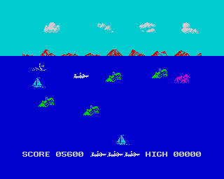Aquaplane (ZX Spectrum) screenshot: Aftershark level - rocks, logs and sail-boats. Notice how the game uses the border to amplify the screen.