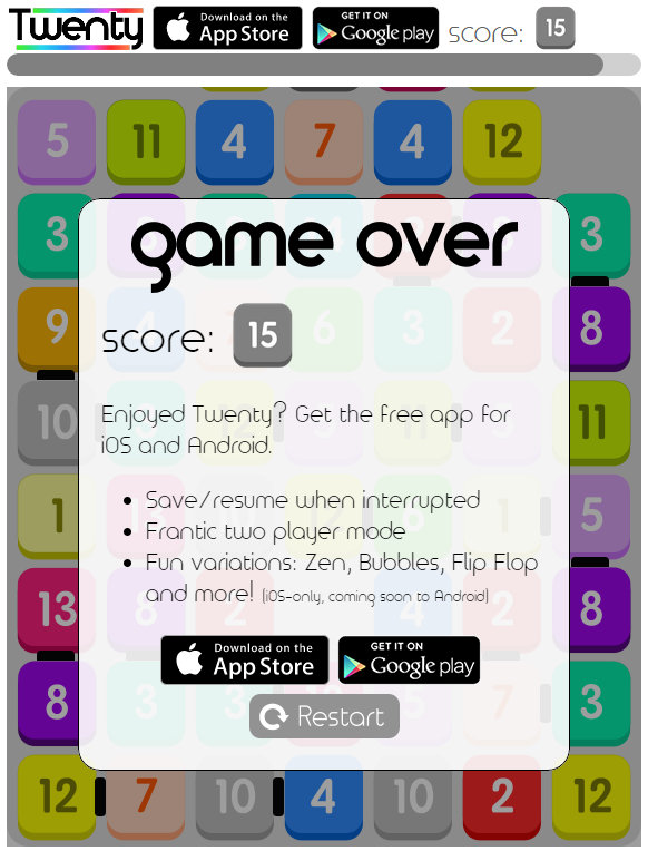 Twenty (Browser) screenshot: Game Over