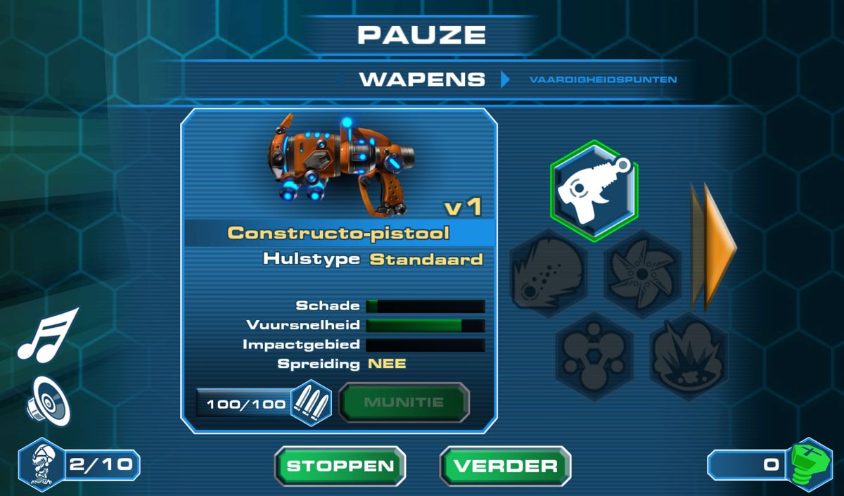 Ratchet & Clank: Before the Nexus (Android) screenshot: In the pause menu you can switch weapons (Dutch version).