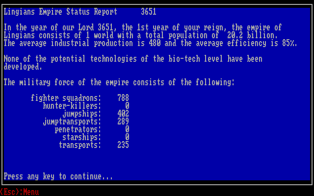 Anacreon: Reconstruction 4021 (DOS) screenshot: Beginning status report