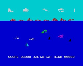 Aquaplane (ZX Spectrum) screenshot: Aftershark level - rocks, logs, sailboats and sharks. Notice how the game uses the border to amplify the screen.