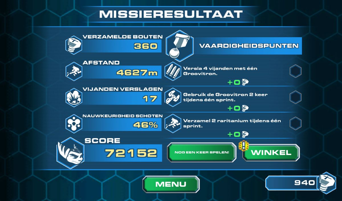 Ratchet & Clank: Before the Nexus (Android) screenshot: The results of a run (Dutch version)