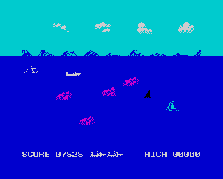 Aquaplane (ZX Spectrum) screenshot: Aftershark level - rocks, sail-boats and sharks. Notice how the game uses the border to amplify the screen.