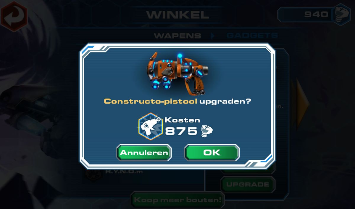 Ratchet & Clank: Before the Nexus (Android) screenshot: Purchasing a weapons upgrade (Dutch version).