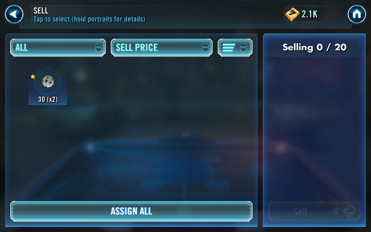 Star Wars: Galaxy of Heroes (Android) screenshot: Redundant items can be sold at the market.