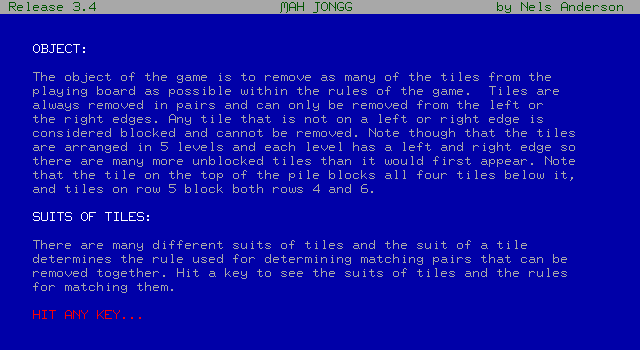 Mah Jongg Solitaire (DOS) screenshot: Help Page 1 - Object of the game