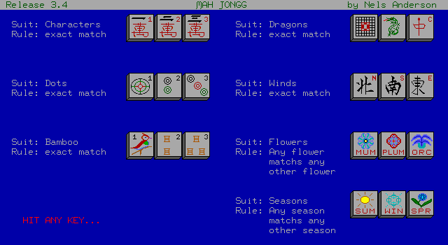 Mah Jongg Solitaire (DOS) screenshot: Help Page 2 - Tile descriptions