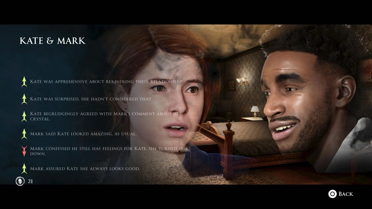 The Dark Pictures Anthology: The Devil in Me (PlayStation 5) screenshot: Checking relationship progress between characters
