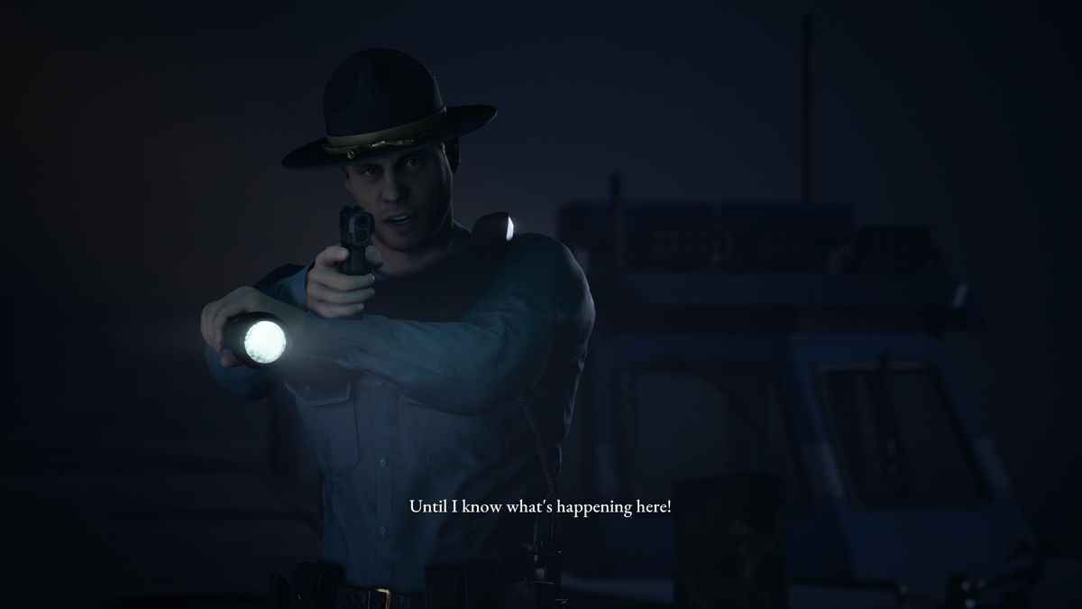 The Dark Pictures Anthology: The Devil in Me (PlayStation 5) screenshot: Patrolman is suspicious of our heroes after witnessing a couple of dead bodies