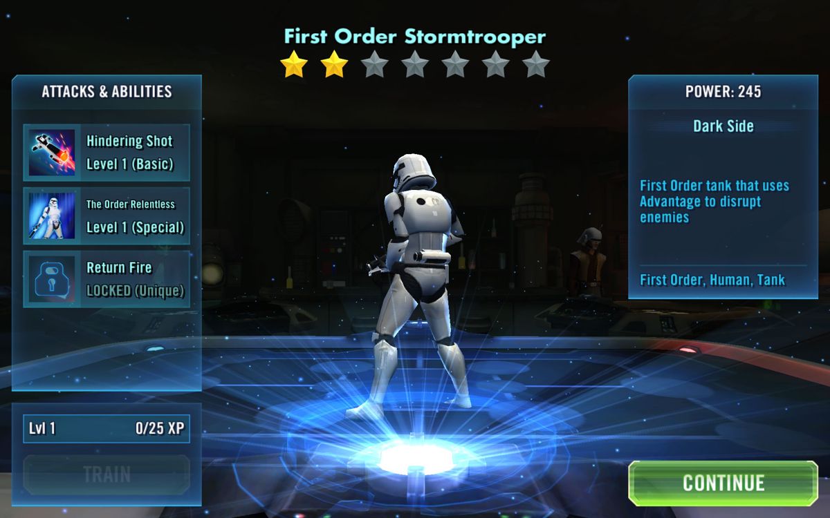 Star Wars: Galaxy of Heroes (Android) screenshot: A stormtrooper has been acquired as a new character.