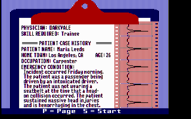 Laser Surgeon: The Microscopic Mission (DOS) screenshot: Patient History (Page 1)