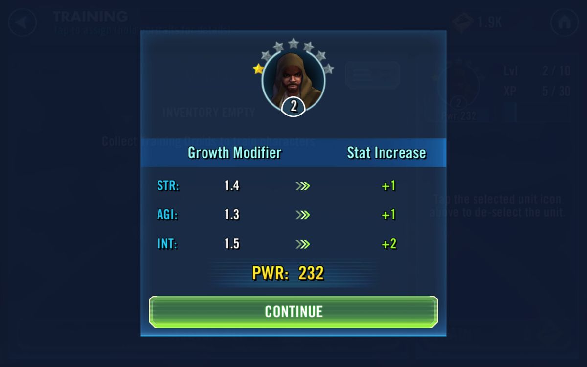 Star Wars: Galaxy of Heroes (Android) screenshot: Training a character by assigning a training droid.