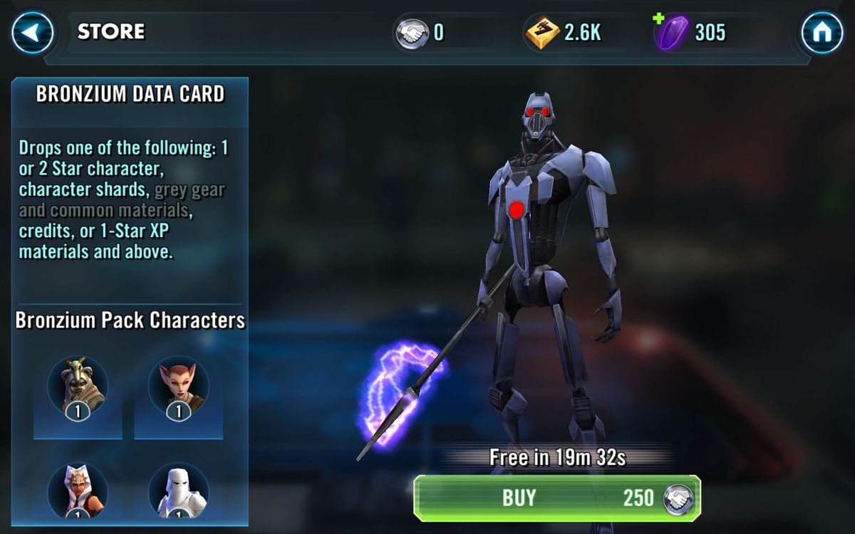 Star Wars: Galaxy of Heroes (Android) screenshot: The contents of a Bronzium data card
