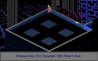 D/Generation (DOS) screenshot: The start of the game: Landing on the 80th floor with your jetpack