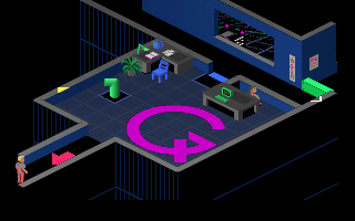 D/Generation (DOS) screenshot: 80th floor reception - Watch out for that security turret!