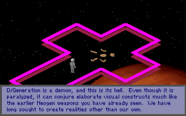 D/Generation (DOS) screenshot: Derrida has paid the price for Tampering In God's Domain