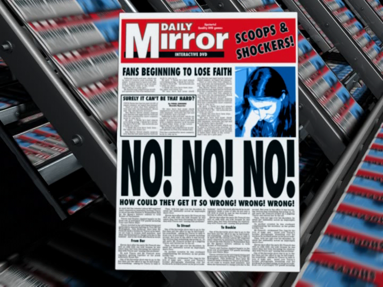 The Daily Mirror Interactive DVD: The Sensational Trivia Game (DVD Player) screenshot: Throughout the game a incorrect answer is also rewarded with an appropriate headline