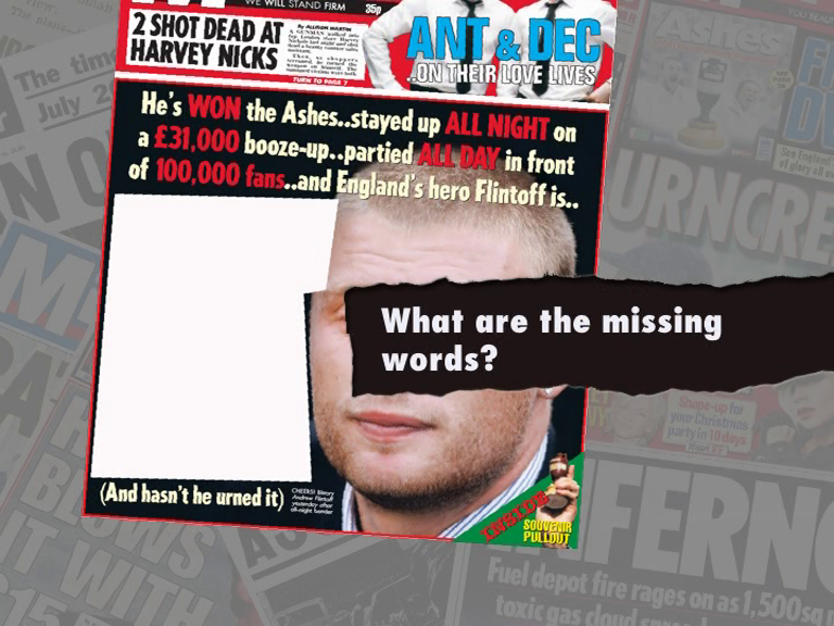 The Daily Mirror Interactive DVD: The Sensational Trivia Game (DVD Player) screenshot: Round Two: The Missing Words round. The game does give the player three possible answers to choose from but they have been omitted in this screenshot