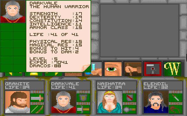 Ancients 1: Death Watch (DOS) screenshot: Example of your character's statistics