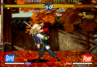 The Last Blade (Neo Geo) screenshot: Kaede puts his sword through Lee