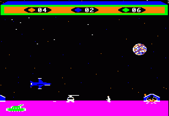 Choplifter! (Apple II) screenshot: Watch out for the missle-firing jets & the shell lobbing tanks.