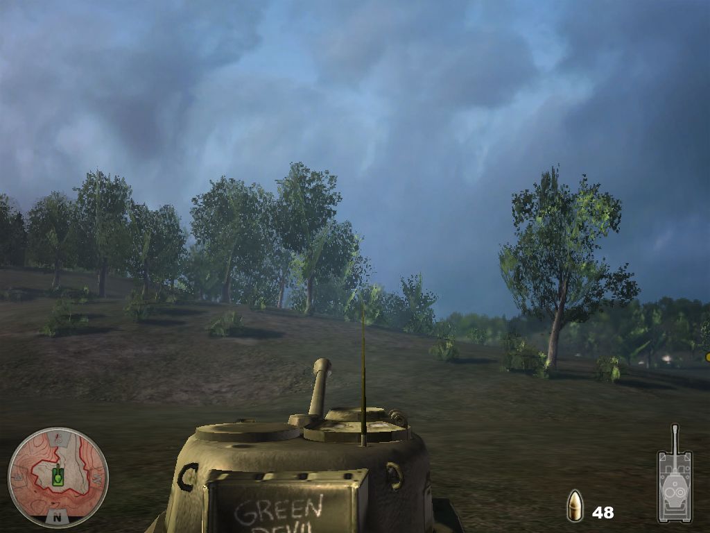 Tank Simulator (Windows) screenshot: This is the standard view. Our Firefly class tank is called 'Green Devil'