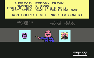 APB (Commodore 64) screenshot: Briefing telling you to arrest a suspect