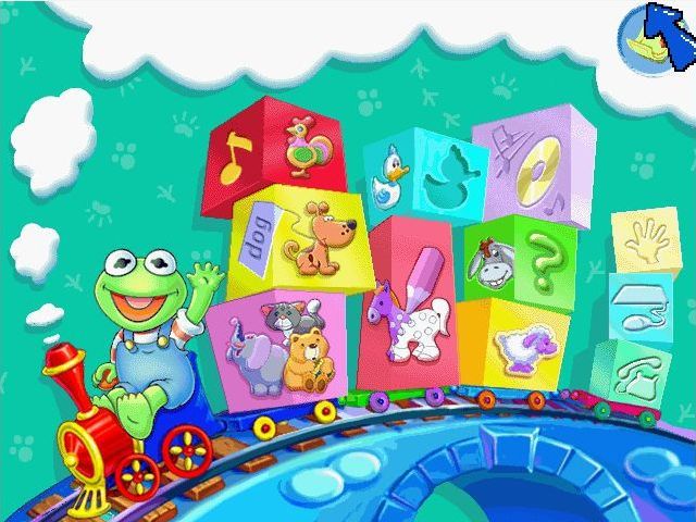 Muppet Babies: Animals in Nature - Ages 2-5 (Windows) screenshot: The activity menu. Each brick on the first three wagons is an activity, the last wagon replays instructions and exits the game. The top right corner views certificates