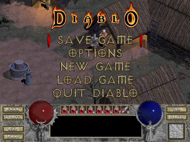 Diablo (Windows) screenshot: In-game options are quick and brief, not too many adjusting and settings are offered.