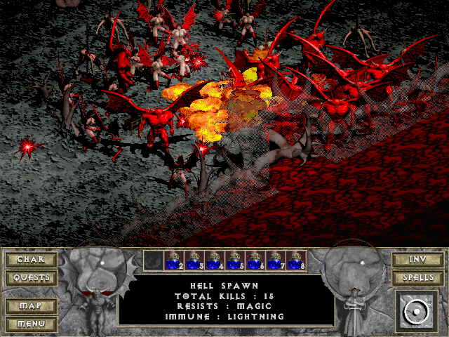 Diablo + Hellfire (Windows) screenshot: Being mobbed in Hell is no fun... even if it is by a bunch of naked demonesses