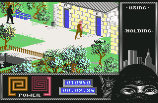 Last Ninja 2: Back with a Vengeance (Commodore 64) screenshot: Kunitoki's guards are controlling everything in New York... even the toilets.