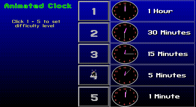 Animated Clock (DOS) screenshot: Difficulty selection