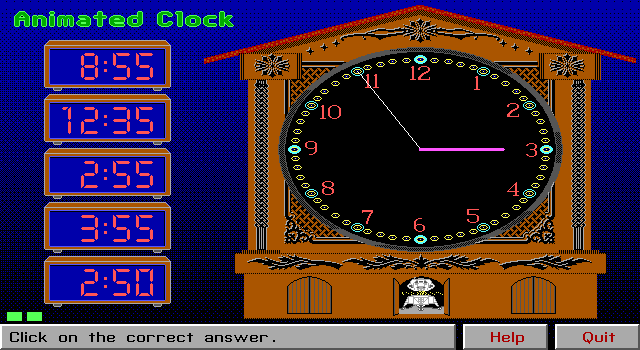 Animated Clock (DOS) screenshot: I chose correctly, and an animation plays