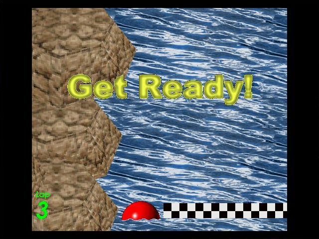 Jetski Speed Demon (Windows) screenshot: Both Practice and Grand Prix modes start with a swift fly-by of the course which is about as helpful as this screen