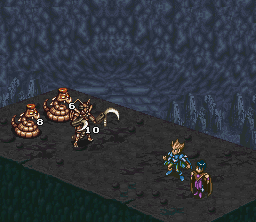 Chō Mahō Tairiku Wozz (SNES) screenshot: Battle in the cave: Chun uses attack-all magic
