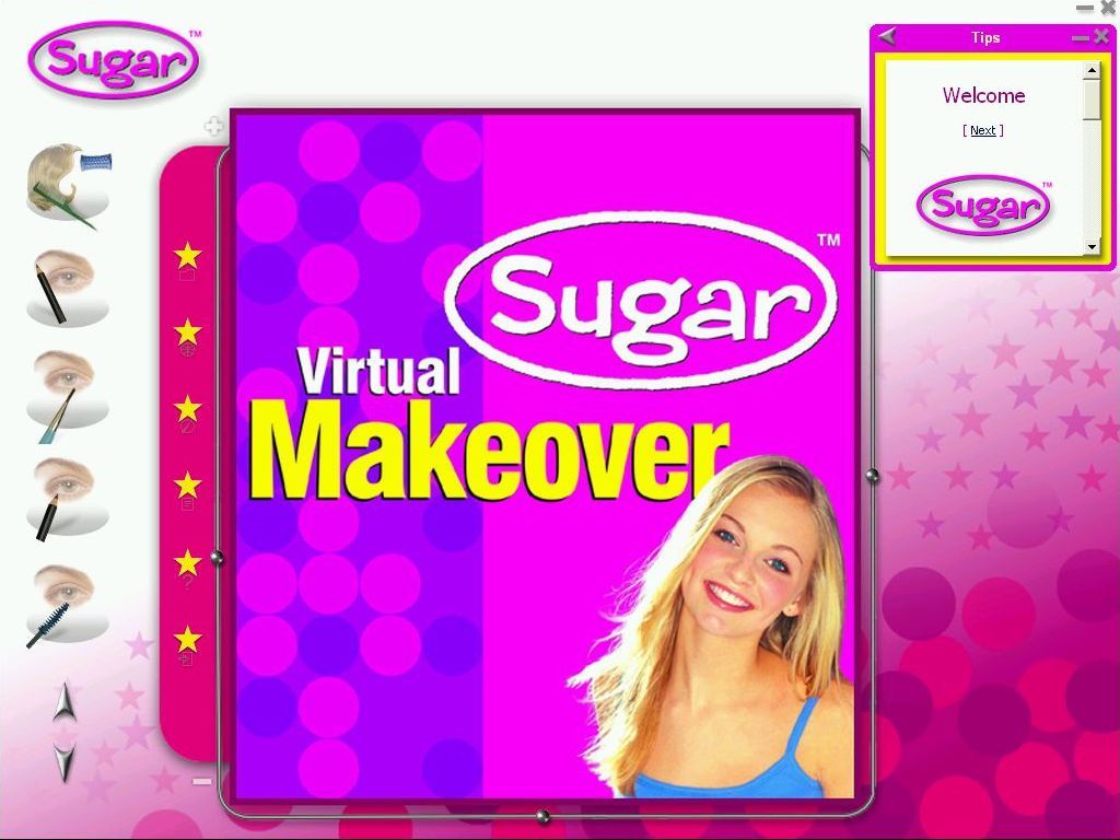 Sugar: Virtual Makeover (Windows) screenshot: The title screen and menu. All guidance is given in the little window in the upper right