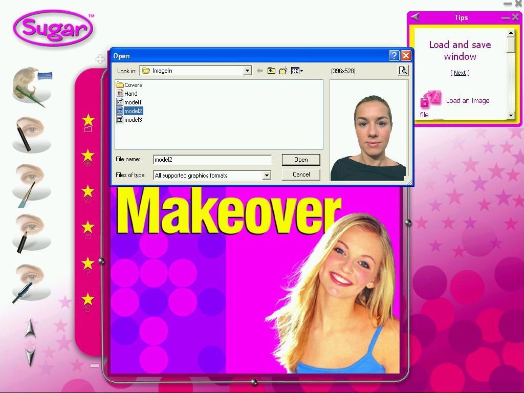 Sugar: Virtual Makeover (Windows) screenshot: Three portrait images are provided but there are no hand images nor are there any full length images